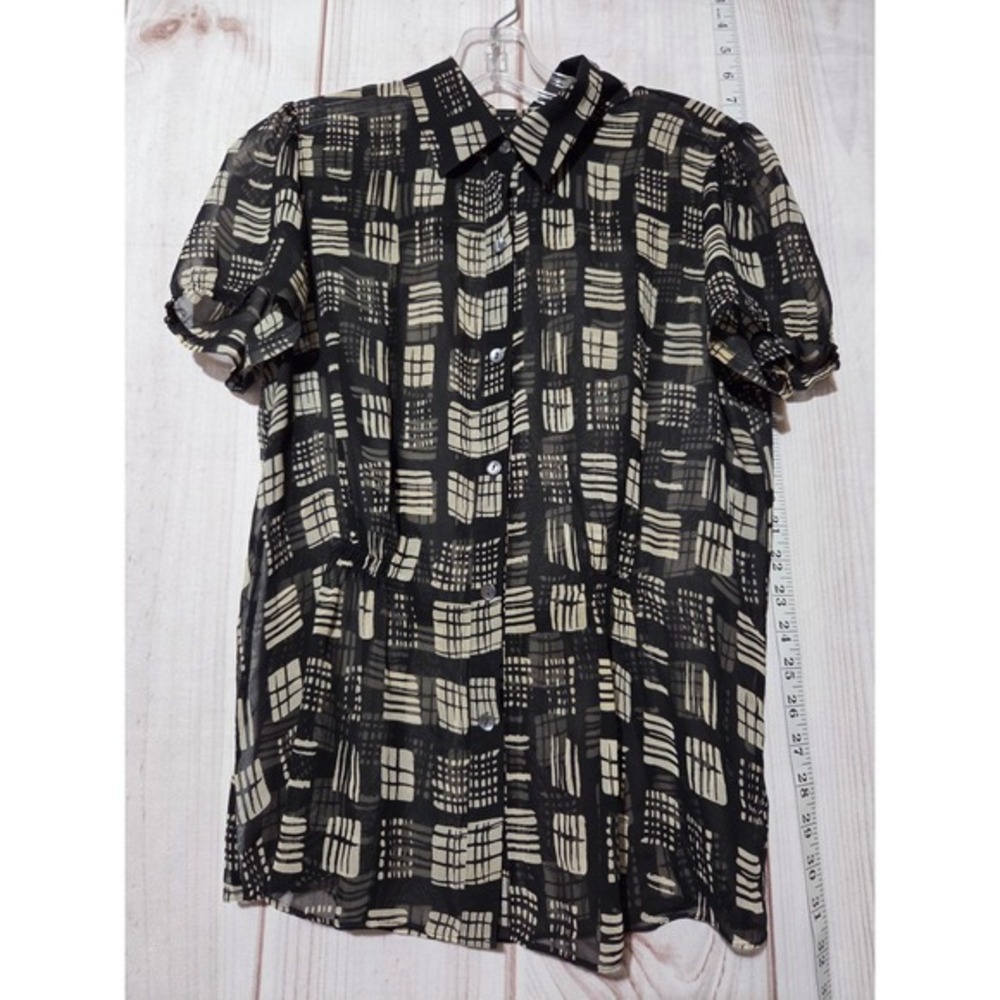The Limited‎ Ladies Medium Sheer Black & Tan Short Sleeve Blouse Chiffon